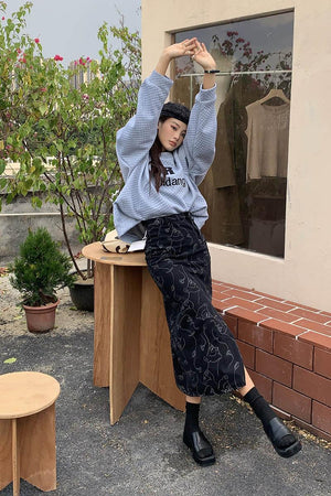 Abstract Faces Denim Midi Skirt