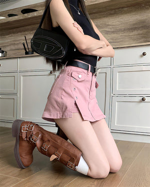 Pink Side Slit Denim Mini Skort