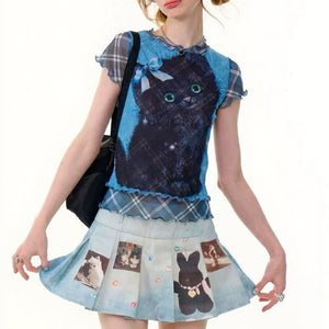 Black Kitten Print Y2K Plaid Top