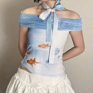 Goldfish Print Off-Shoulder Top