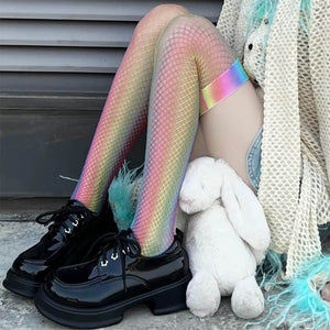 Iridescent Fishnet Knee-High Socks