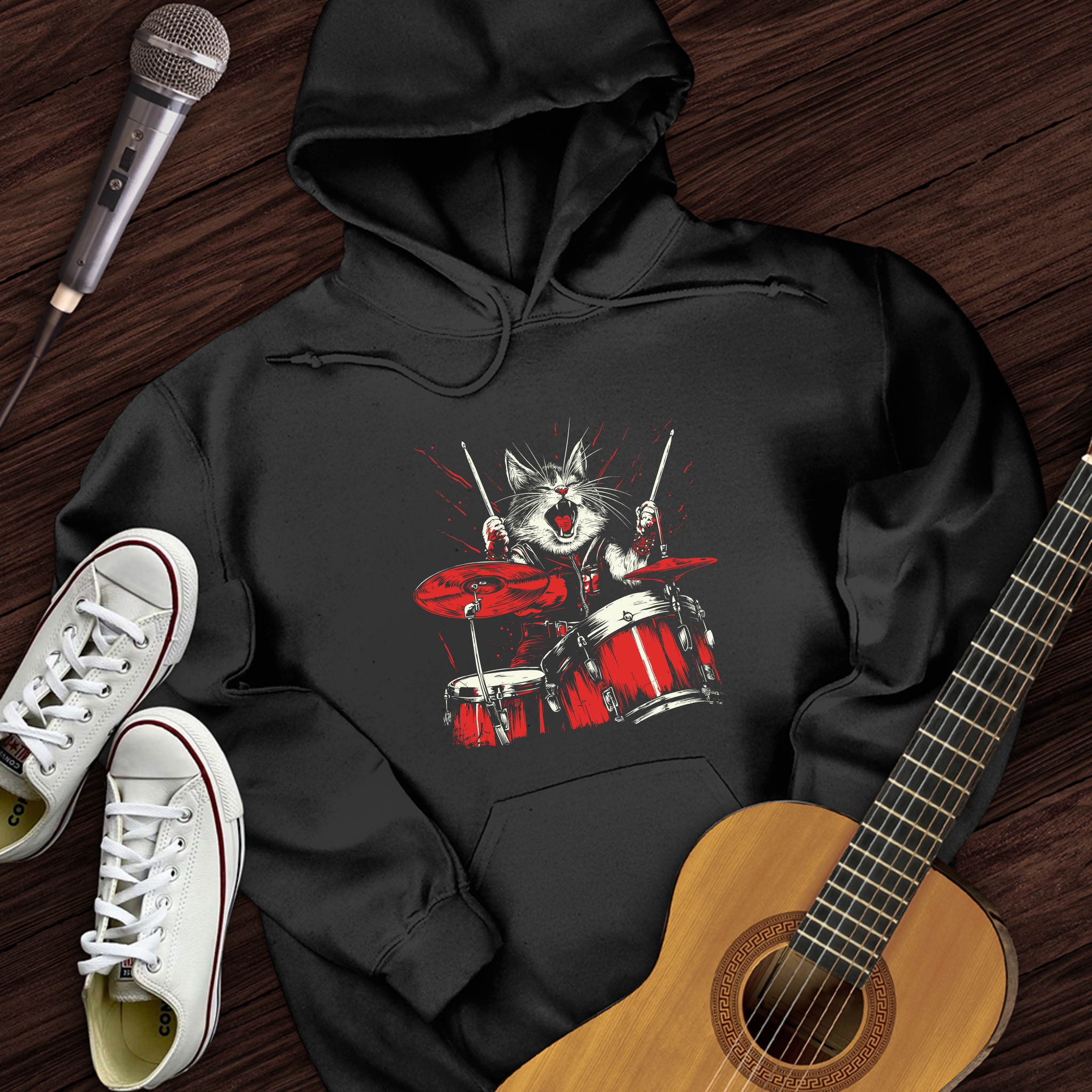 Cat Playing Drums Hoodie