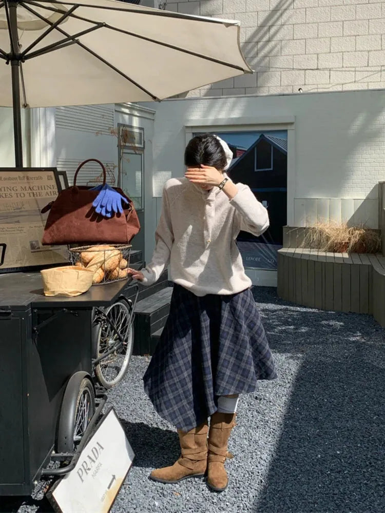 Asymmetric Plaid Midi Skirt