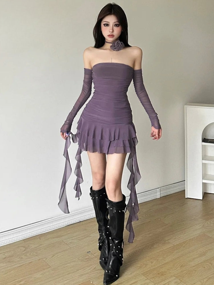 Mesh Ruffled Strapless Mini Dress