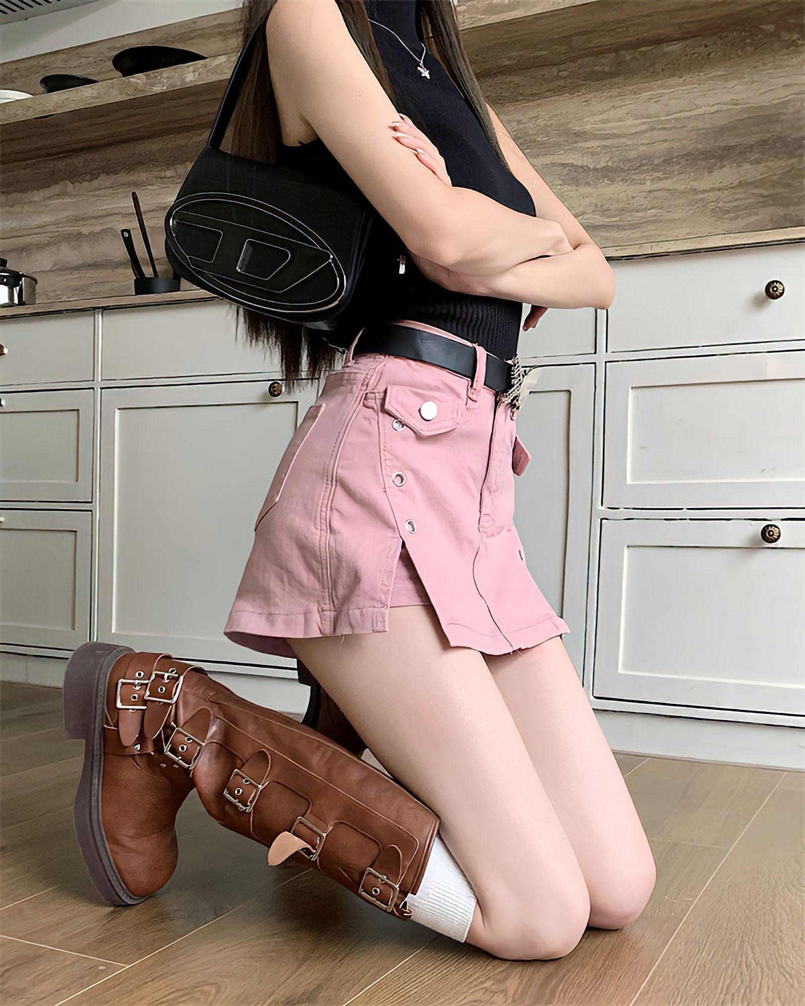 Pink Side Slit Denim Mini Skort