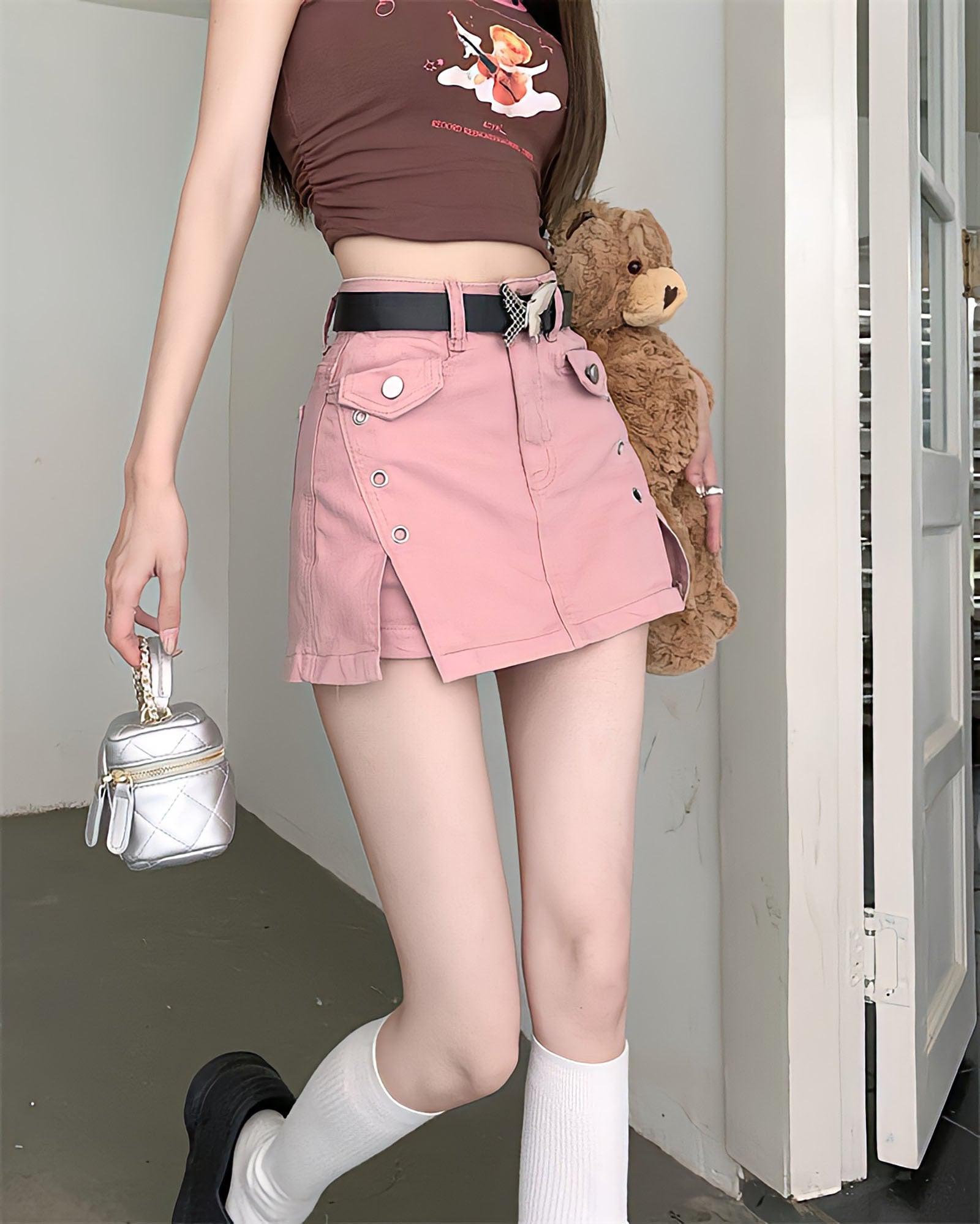 Pink Side Slit Denim Mini Skort