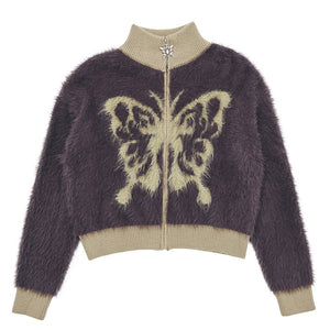Butterfly Print Fuzzy Bomber