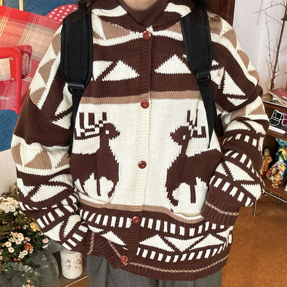 Brown Reindeer Knit Hooded Cardigan
