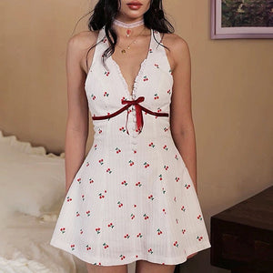 French Summer Cherry Halter Dress