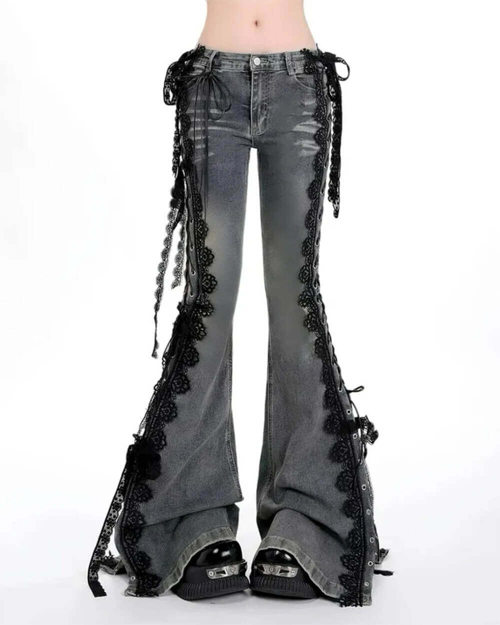 Fairy Grunge Lace Up Flared Jeans