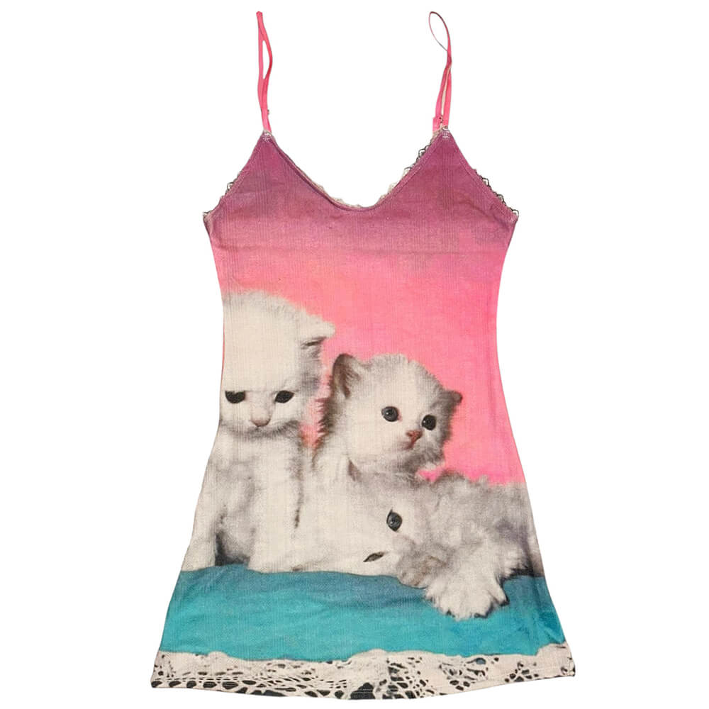 Kitten Print Y2K Mini Dress
