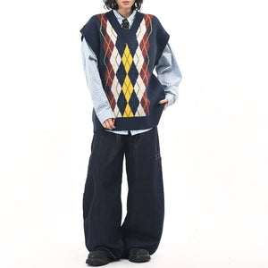 Oversized Argyle V-Neck Grandpa Knit Vest
