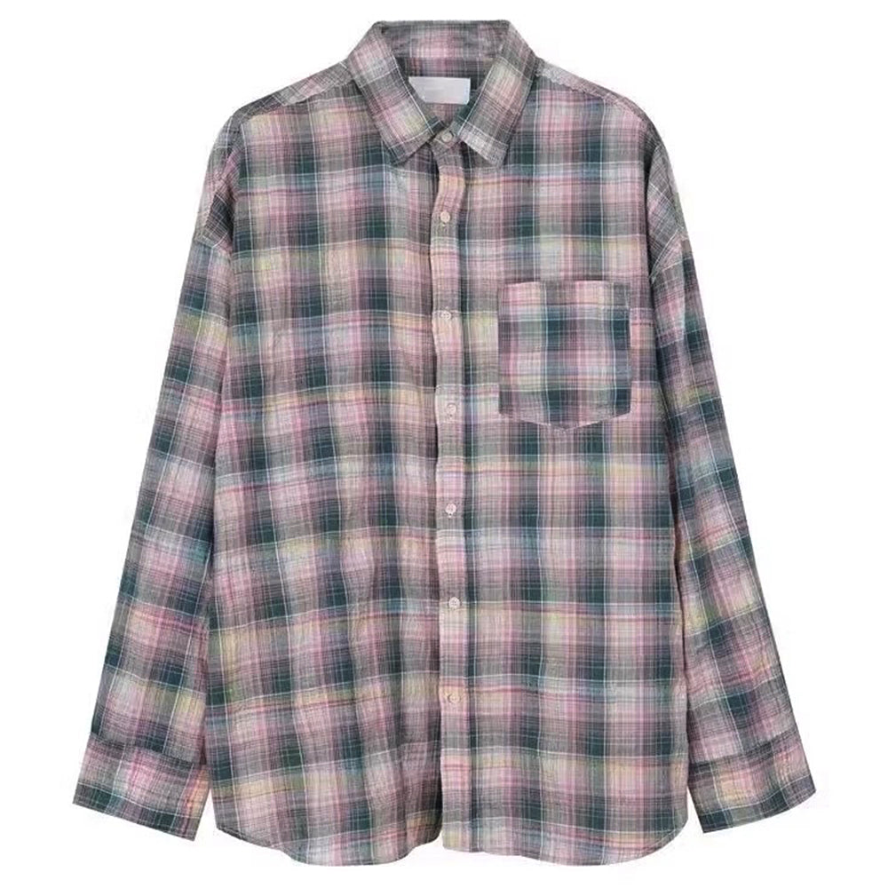 Pink and Green Plaid Button-Up Shirt