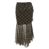 Plaid Asymmetrical Mesh Skirt