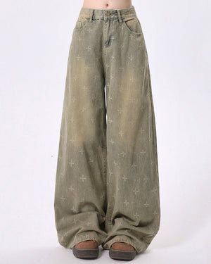 Washed Cross Print Wide Leg Jeans