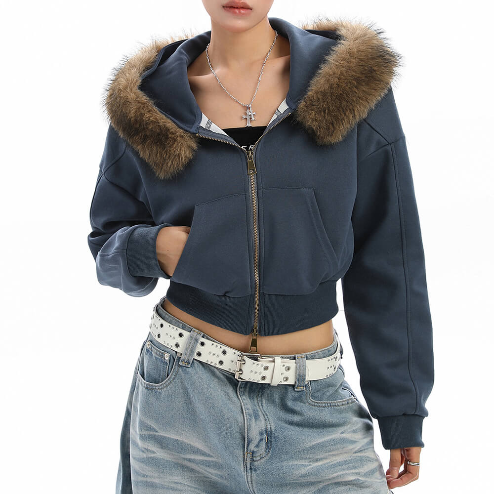Y2K Aesthetic Cropped Fur Hoodie