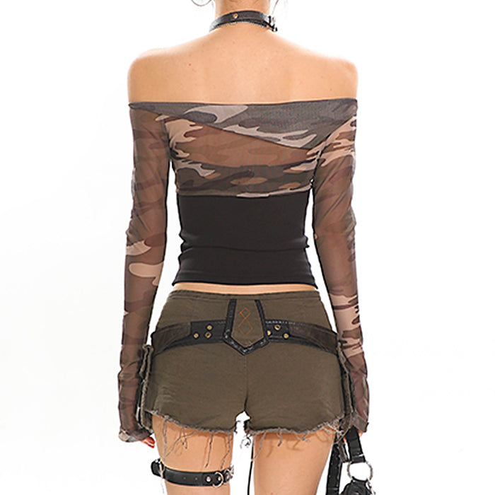 Y2K Camo Off Shoulder Mesh Top