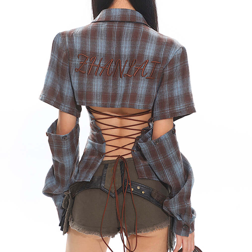 Y2K Western Lace-Up Backless Plaid Shirt